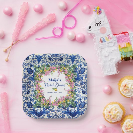 水彩アマルフィーコースト ピンクレモン ウェディングシャワー ペーパープレート (パーティー)