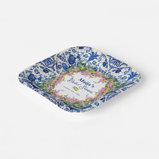 水彩アマルフィーコースト ピンクレモン ウェディングシャワー ペーパープレート (傾斜あり)