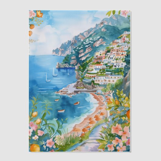 水彩アマルフィ地中海のコーストイタリアン ベラム紙招待状 (正面)