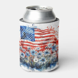 水彩アメリカ国旗と花 缶クーラー