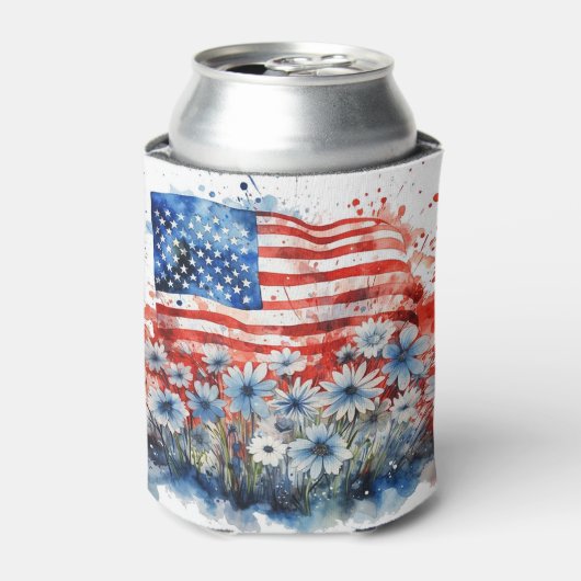 水彩アメリカ国旗と花 缶クーラー (缶正面)