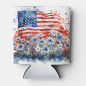 水彩アメリカ国旗と花 缶クーラー (正面)