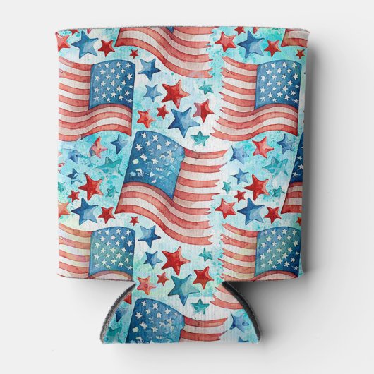 水彩アメリカ国旗のパターン 缶クーラー (正面)