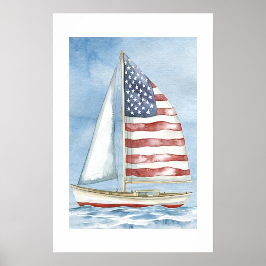 水彩アメリカ国旗の愛国帆船 ポスター (正面)