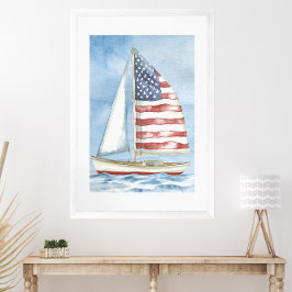 水彩アメリカ国旗の愛国帆船 ポスター