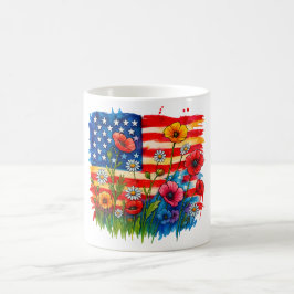 水彩アメリカ国旗&ワイルドフラワー – 愛国的 コーヒーマグカップ