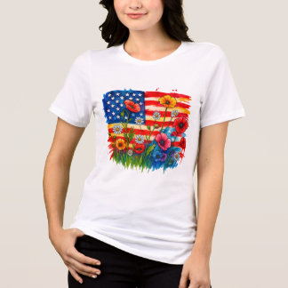 水彩アメリカ国旗&ワイルドフラワー – 愛国的 トライブレンドTシャツ