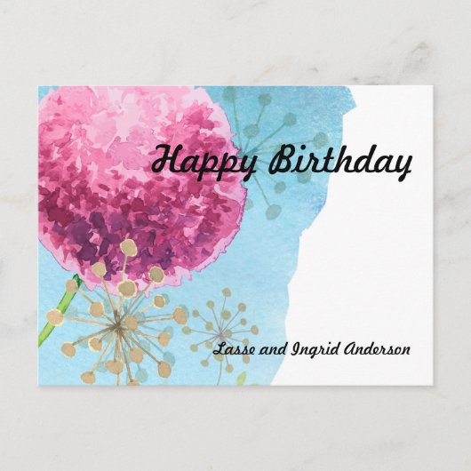 水彩アリウムの花、青、紫、金 ポストカード (正面)