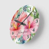水彩アロハハワイアン赤い花スクリプト名 ラウンド壁時計 (傾斜)