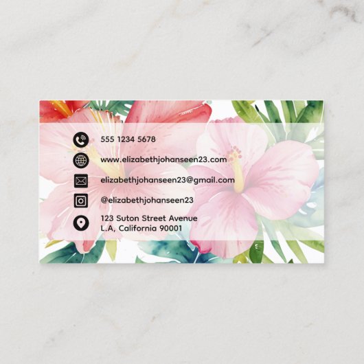 水彩アロハハワイアン赤い花スクリプト名 名刺 (裏面)