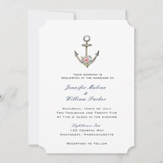 水彩アンカーと花のウェディング 招待状 (正面)