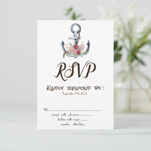 水彩アンカー花のウェディングRSVP招待状 招待状 (スタンド正面)