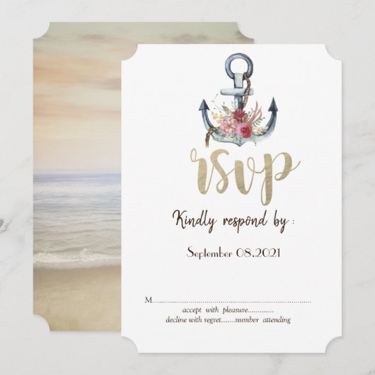 水彩アンカー花 nautical RSVP 招待状 (正面/裏面)