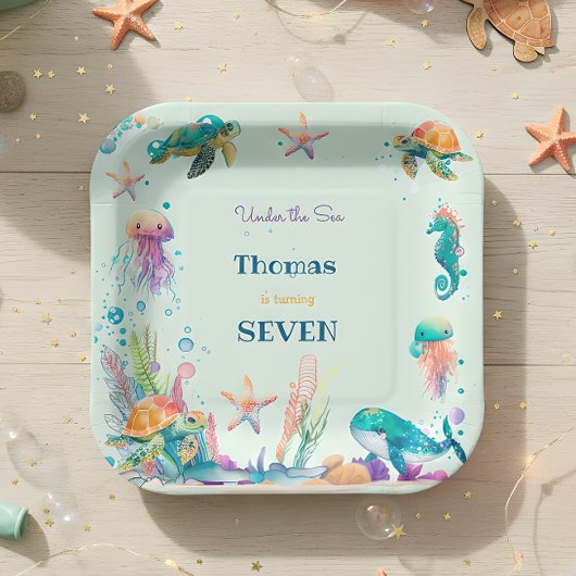 水彩アンダーザシー子供の誕生日 ペーパープレート