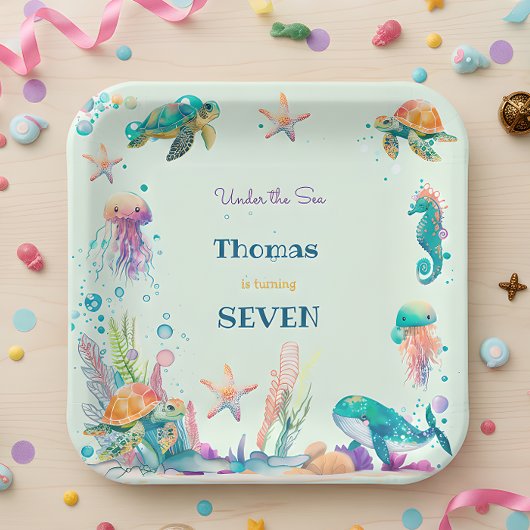 水彩アンダーザシー子供の誕生日 ペーパープレート