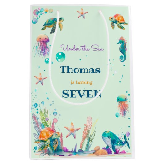 水彩アンダーザシー子供の誕生日 ミディアムペーパーバッグ (正面)