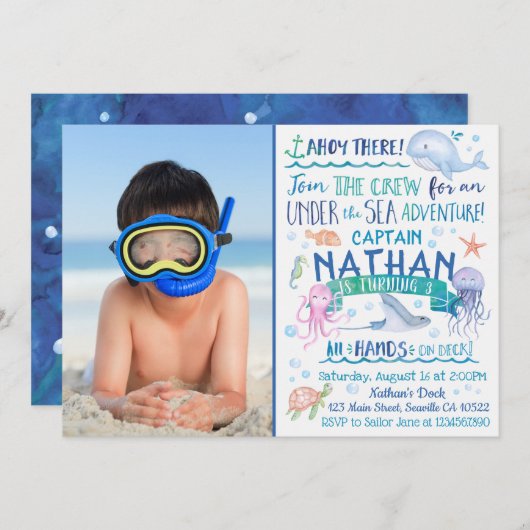 水彩アンダーザシー招待状と写真 招待状 (正面/裏面)