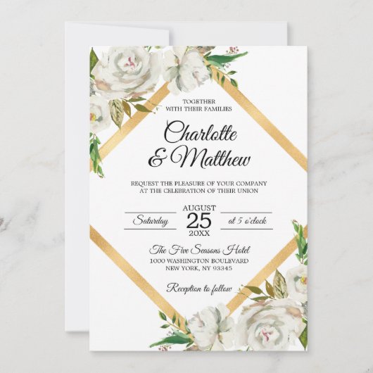 水彩アンティークホワイト金ゴールドフローラ結婚ズ 招待状 (正面)