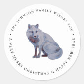 水彩アークティックフォックス メリークリスマス 家族名 ラウンドシール (正面)