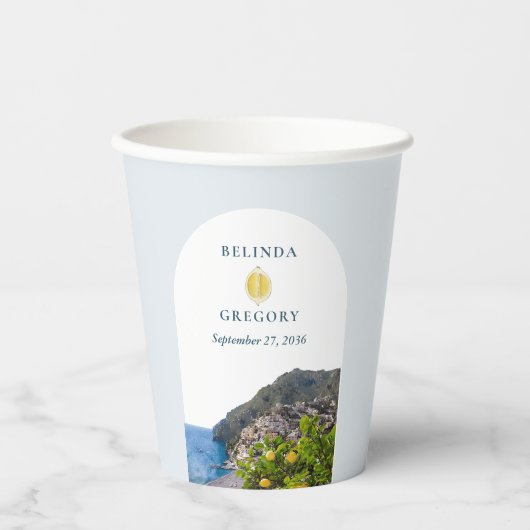 水彩アーチ イタリア レモン ポジターノ ウェディング 紙コップ (正面)