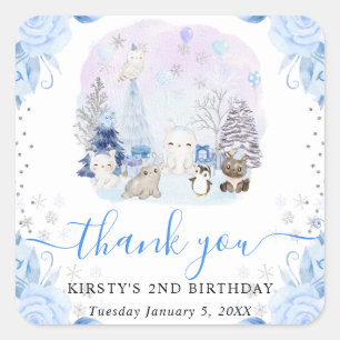 水彩アートの北極の動物と花の子供の誕生日 スクエアシール