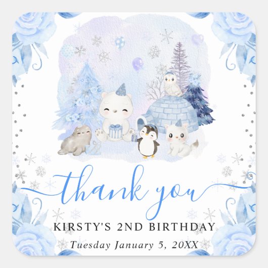 水彩アートの北極の動物と花の子供の誕生日 スクエアシール (正面)