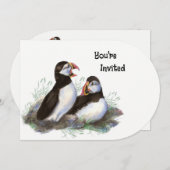 水彩アートパフィン鳥誕生日パーティー 招待状 (正面/裏面)