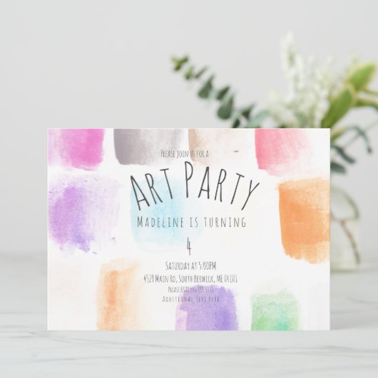 水彩アートパーティー誕生日カラフル抽象芸術 招待状 (スタンド正面)