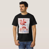 水彩アートプリントのピンクのフラミンゴ3羽 Tシャツ (正面フル)