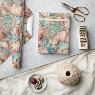 水彩アールヌーボースタイルシーシェルズパターン ラッピングペーパー