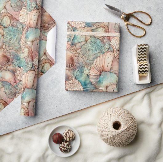 水彩アールヌーボースタイルシーシェルズパターン ラッピングペーパー (クラフト)