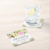 水彩イエローとピンクの花誕生日 スクエアペーパーコースター (インサイチュ)