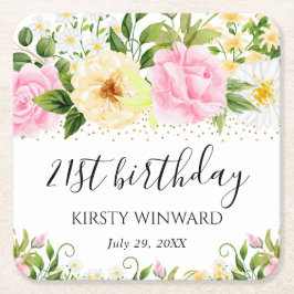 水彩イエローとピンクの花誕生日 スクエアペーパーコースター