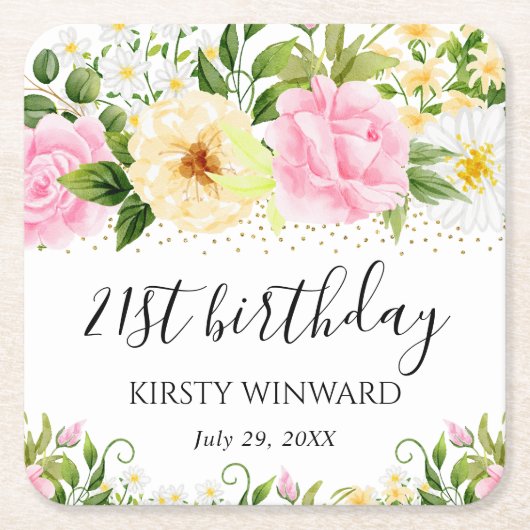 水彩イエローとピンクの花誕生日 スクエアペーパーコースター (正面)
