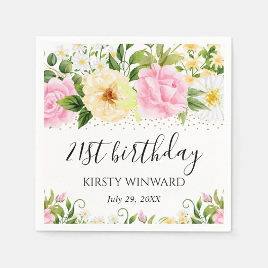 水彩イエローとピンクの花誕生日 スタンダードカクテルナプキン (正面)