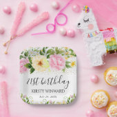 水彩イエローとピンクの花誕生日 ペーパープレート (パーティー)