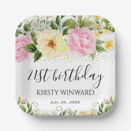 水彩イエローとピンクの花誕生日 ペーパープレート
