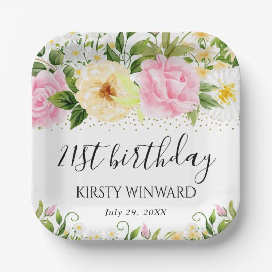 水彩イエローとピンクの花誕生日 ペーパープレート (正面)