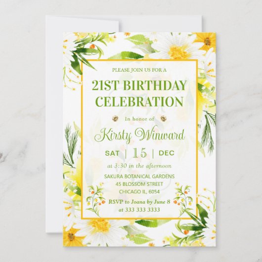 水彩イエローとホワイトデイジー誕生日 招待状 (正面)