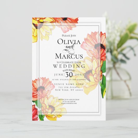 水彩イエローと赤のガーベラデイジー 招待状 (スタンド正面)