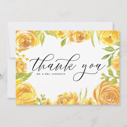 水彩イエローのガーデンローズフレーム ウェディング サンキューカード (正面)