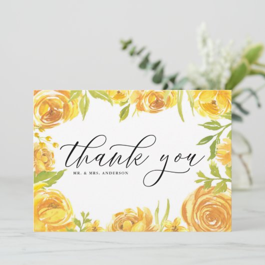水彩イエローのガーデンローズフレーム ウェディング サンキューカード (スタンド正面)