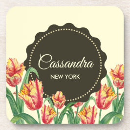 水彩イエローオウムのチューリップフローラアート コースター