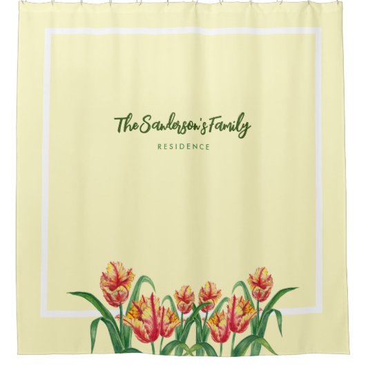 水彩イエローオウムのチューリップフローラアート シャワーカーテン (正面)