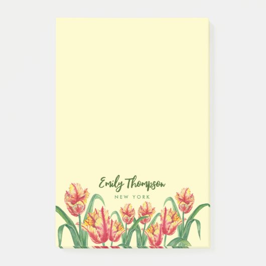 水彩イエローオウムのチューリップフローラアート ポストイット (正面)