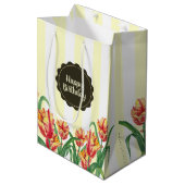 水彩イエローオウムのチューリップフローラアート ミディアムペーパーバッグ (正面アングル)