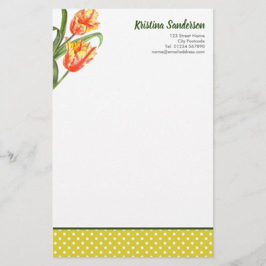 水彩イエローオウムのチューリップフローラアート 便箋 (正面)