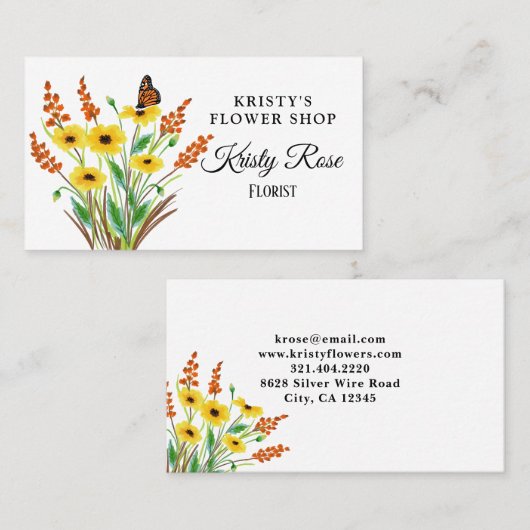 水彩イエローオレンジフラワーバタフライ 名刺 (正面/裏面)