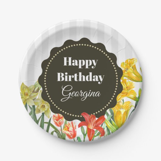 水彩イエローオレンジ春の花 ペーパープレート (正面)