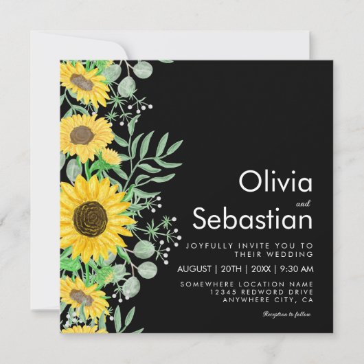 水彩イエローサンフラワーズブラックスクエア結婚ズ 招待状 (正面)